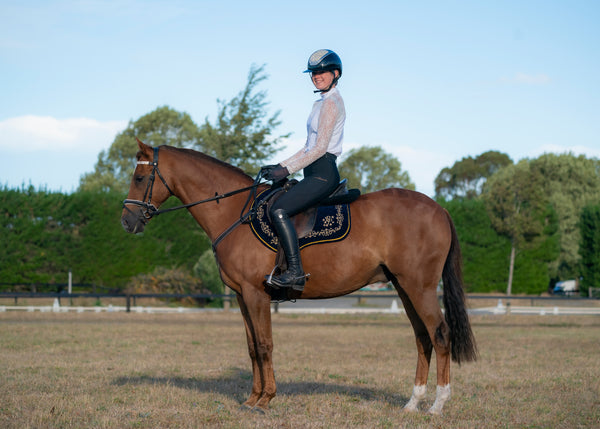 Navy Velvet Baroque Saddle Pads - GP, Jump, and Dressage Cuts