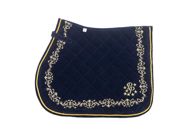 Navy Velvet Baroque Saddle Pads - GP, Jump, and Dressage Cuts