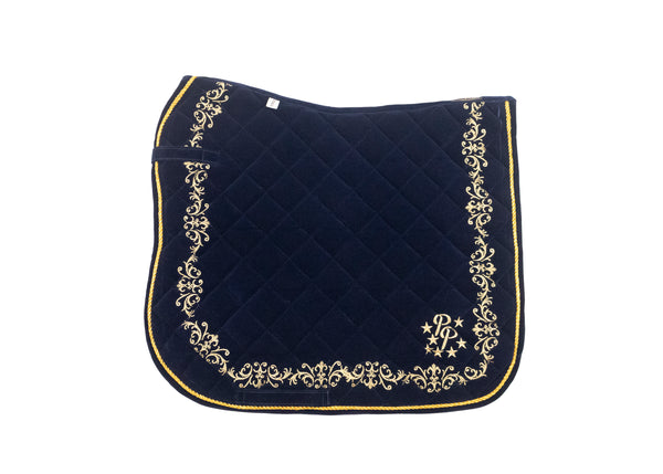 Navy Velvet Baroque Saddle Pads - GP, Jump, and Dressage Cuts