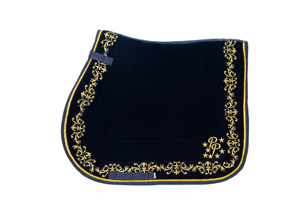 Navy Velvet Baroque Saddle Pads - GP, Jump, and Dressage Cuts